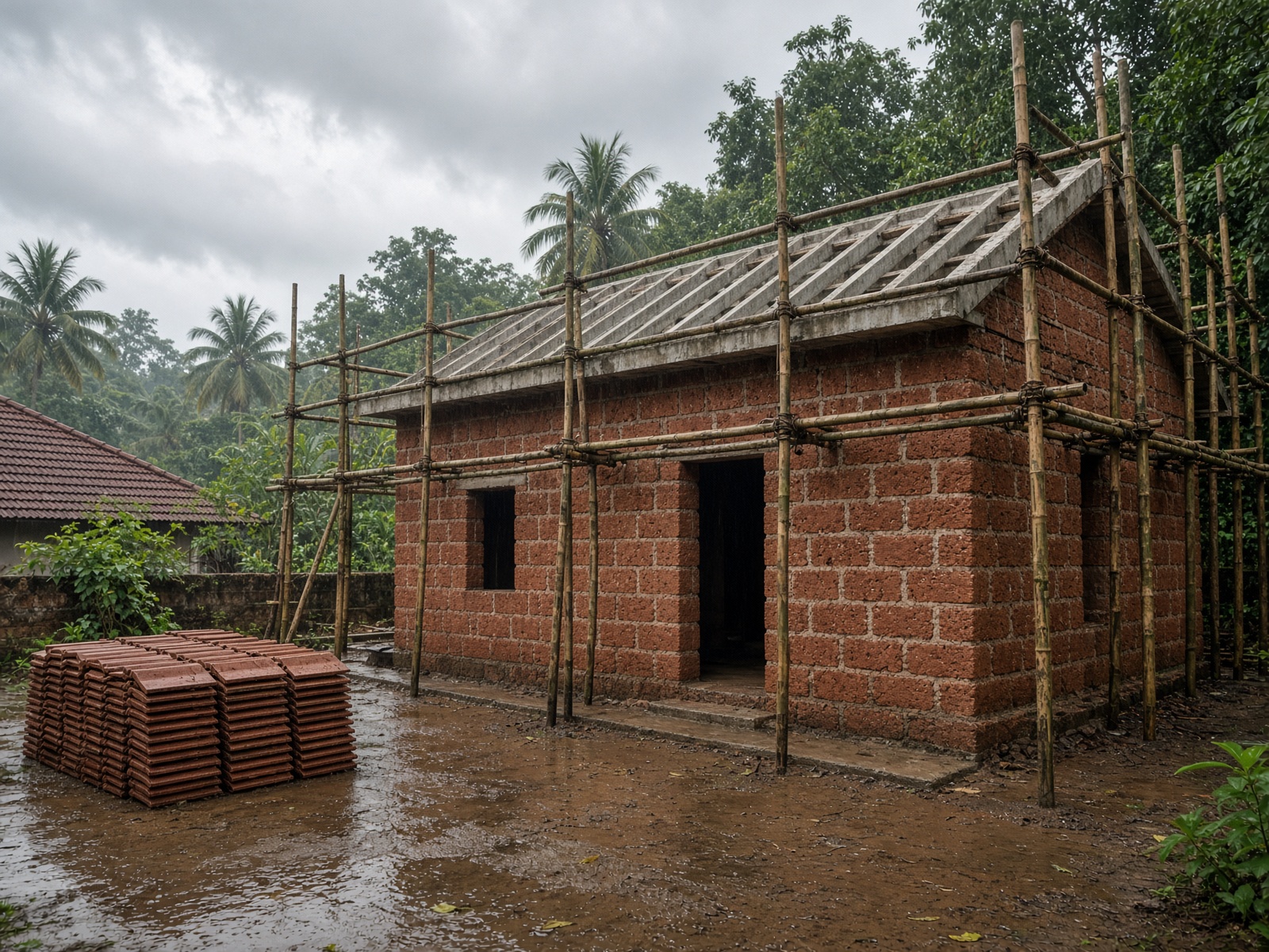 Laterite walls and a filler-slab roof on a Kerala site