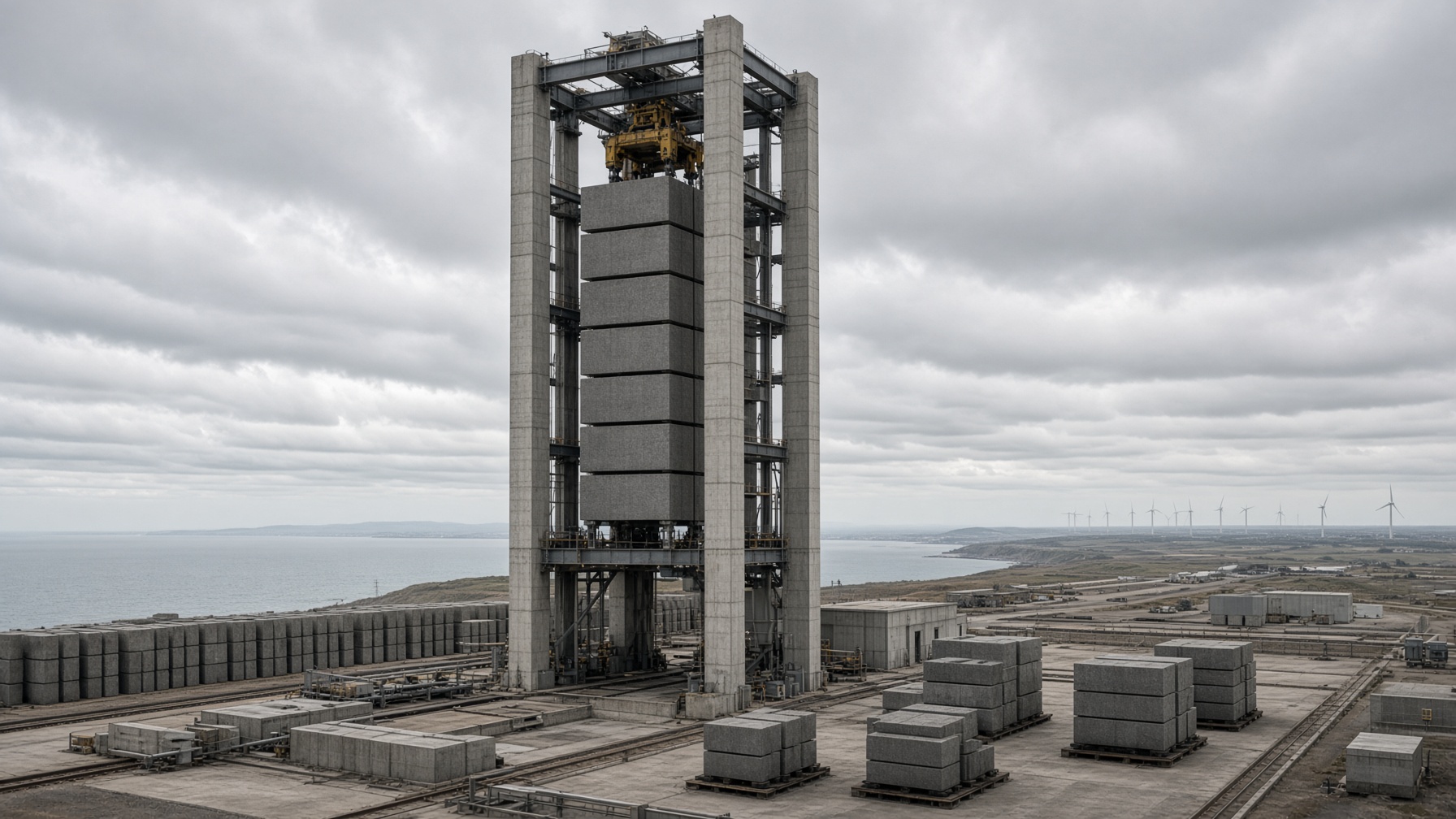 Gravity storage tower with lifting frame