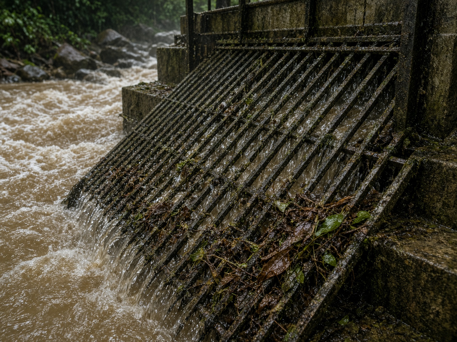 Intake trash rack in monsoon flow