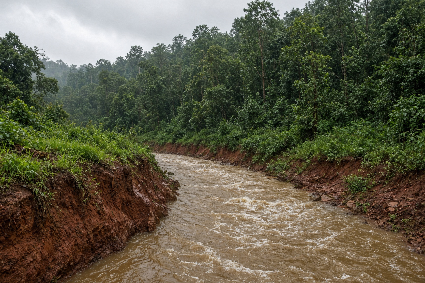 Silted tailrace on laterite banks