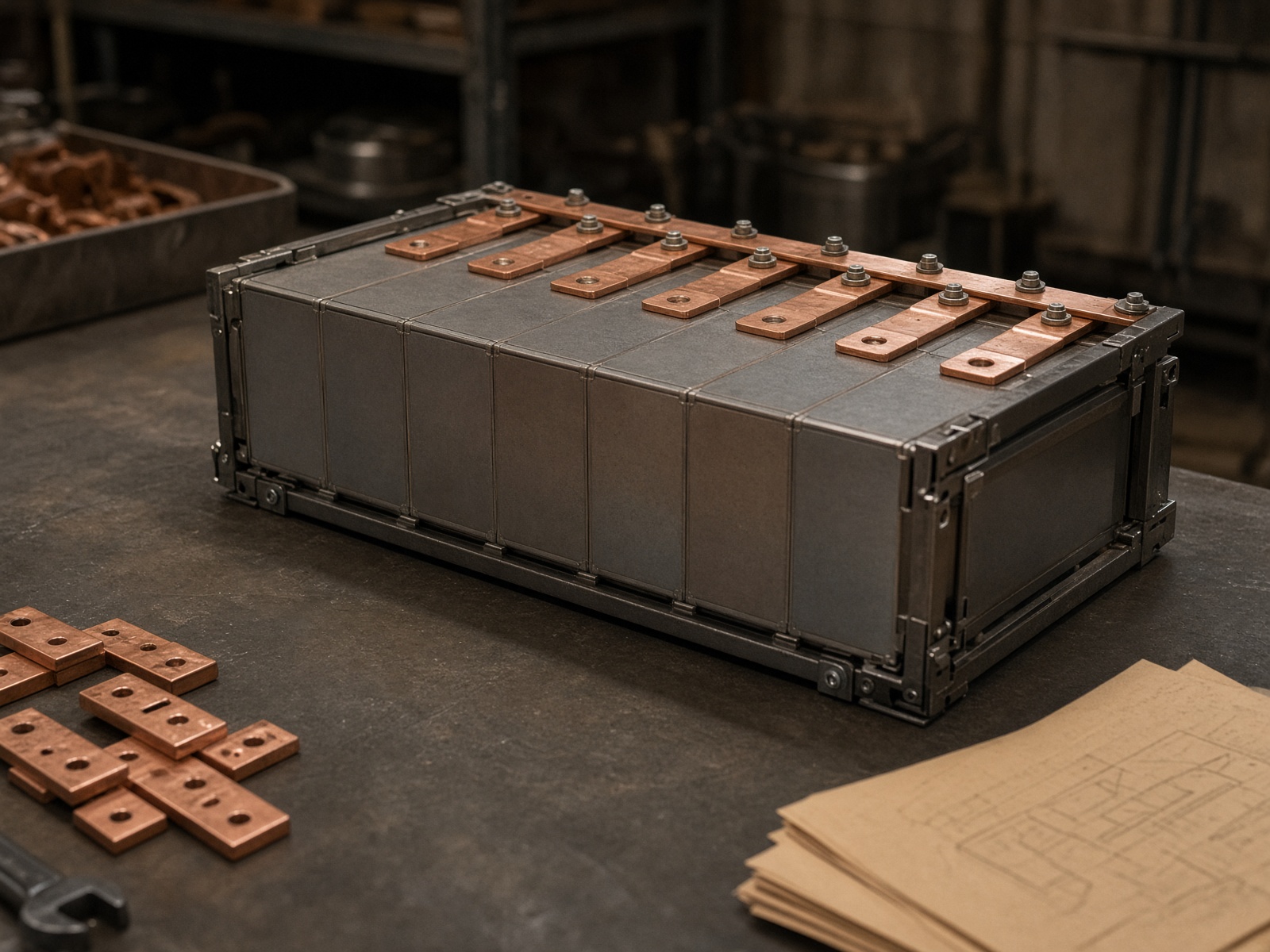 Sodium-ion battery modules on a workbench
