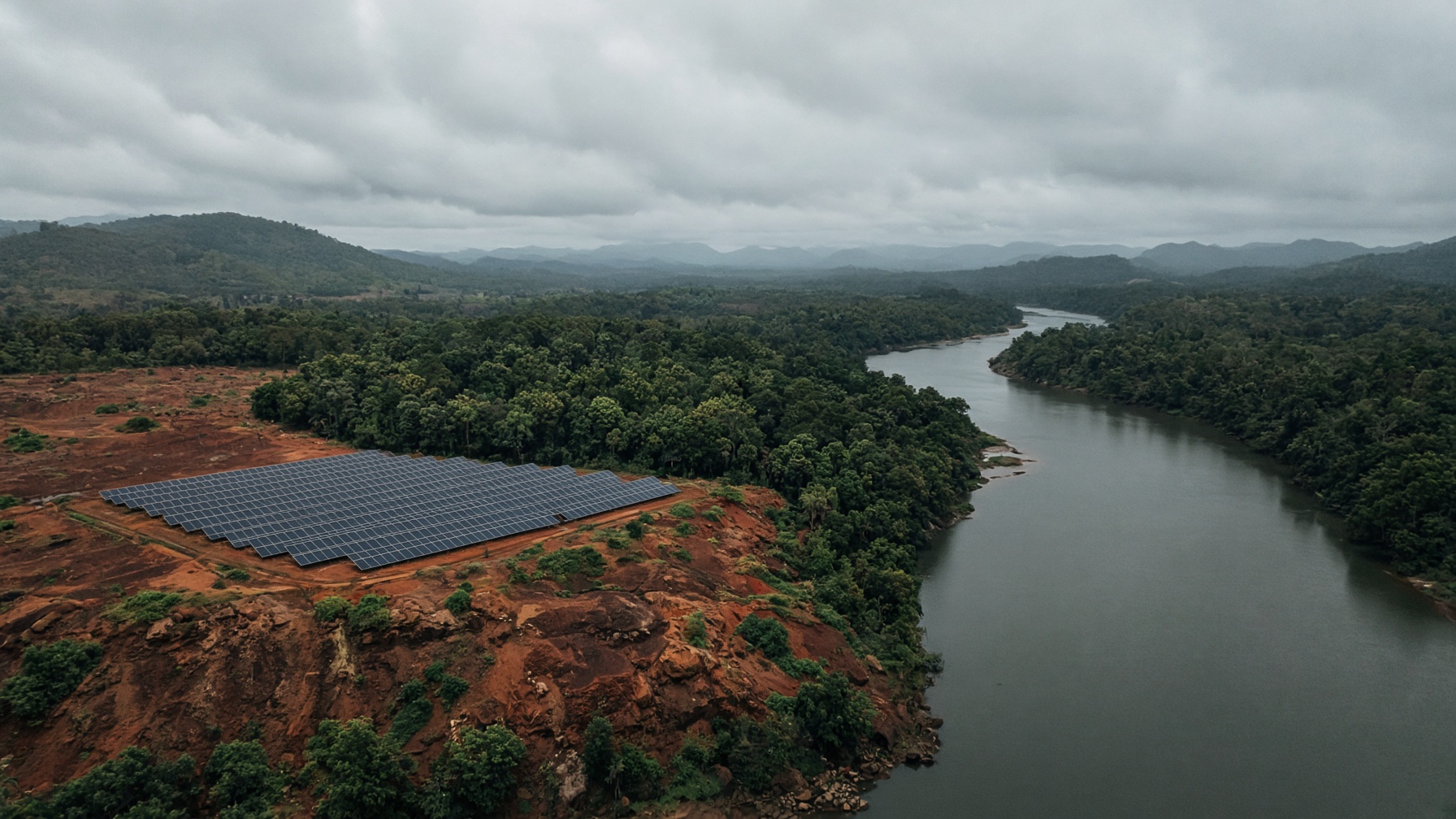 Solar array, laterite, and a river bend in one Kerala frame