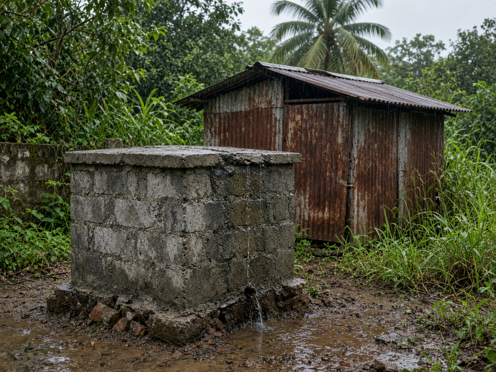 A small leaking tank and rusted shed